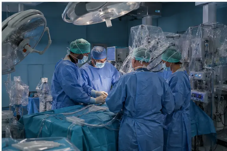 Equipe di cardiochirurgia lavora in una sala operatoria moderna